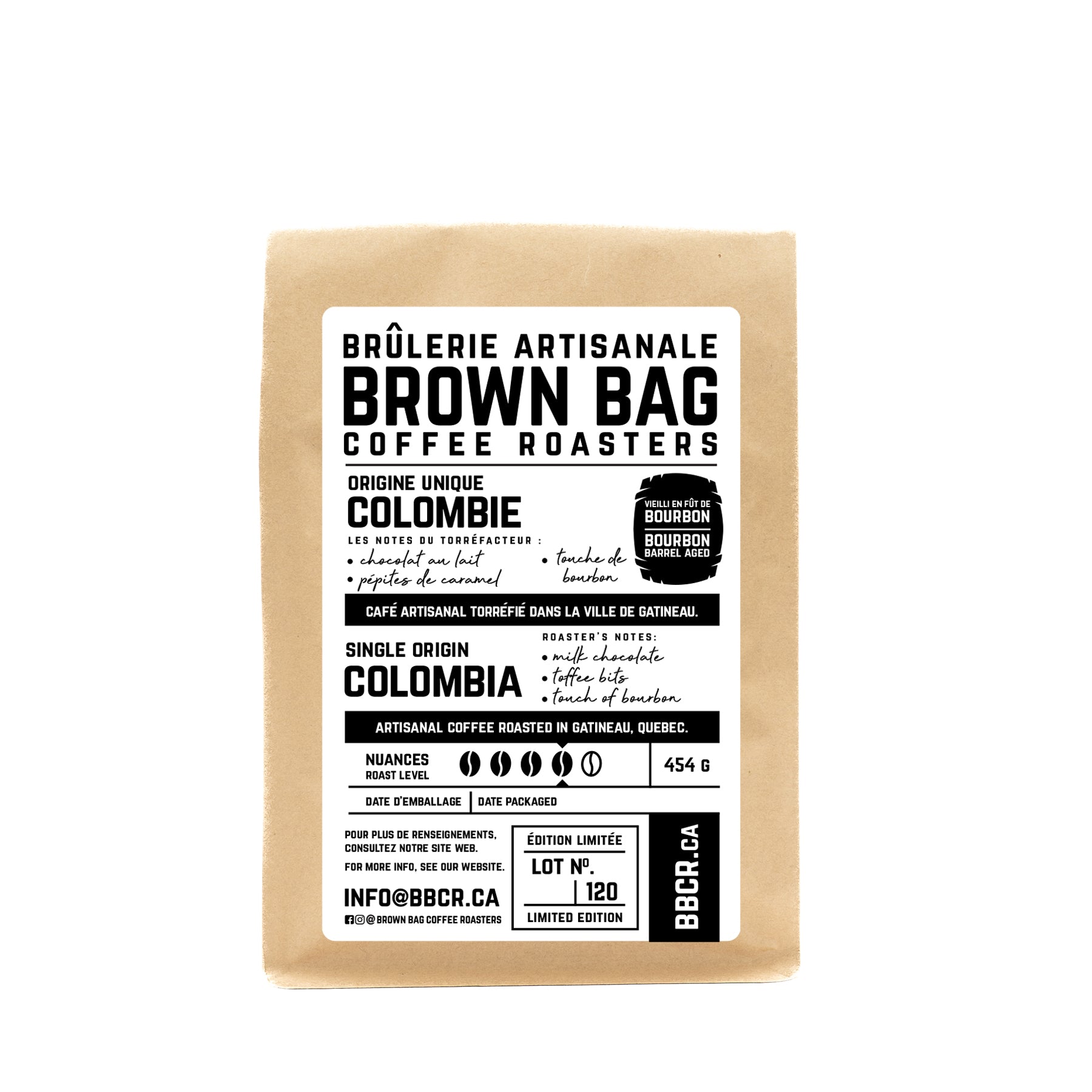 English description: Brown Bag Coffee Roasters - Bourbon Barrel Aged Colombia, 454 g bag | Description en français : la Brûlerie artisanale Brown Bag - Colombie vieilli en fût de bourbon, sac de 454 g
